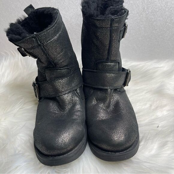 Barneys New York Fur Lined Metallic Moto Boot Black 37 - Picture 2 of 7
